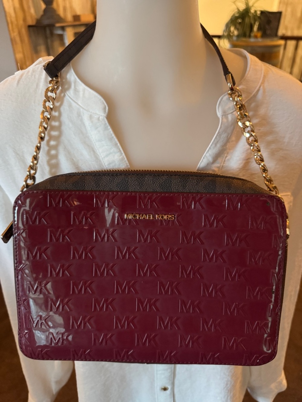 Michael Kors Patent Burgundy MK Embossed Crossbody with Gold Chain